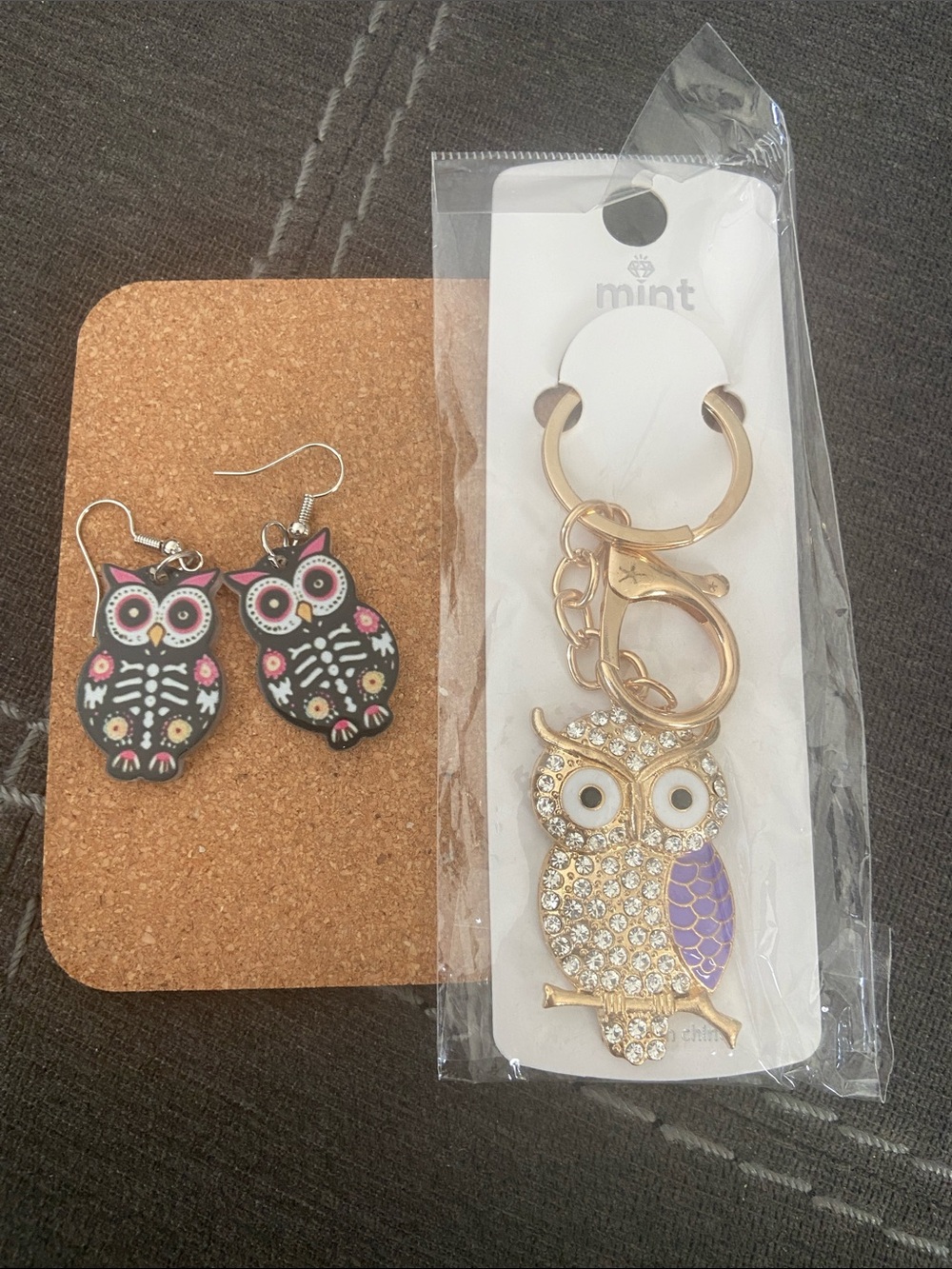 New owl bundle -earrings  & bag charm/ keychain